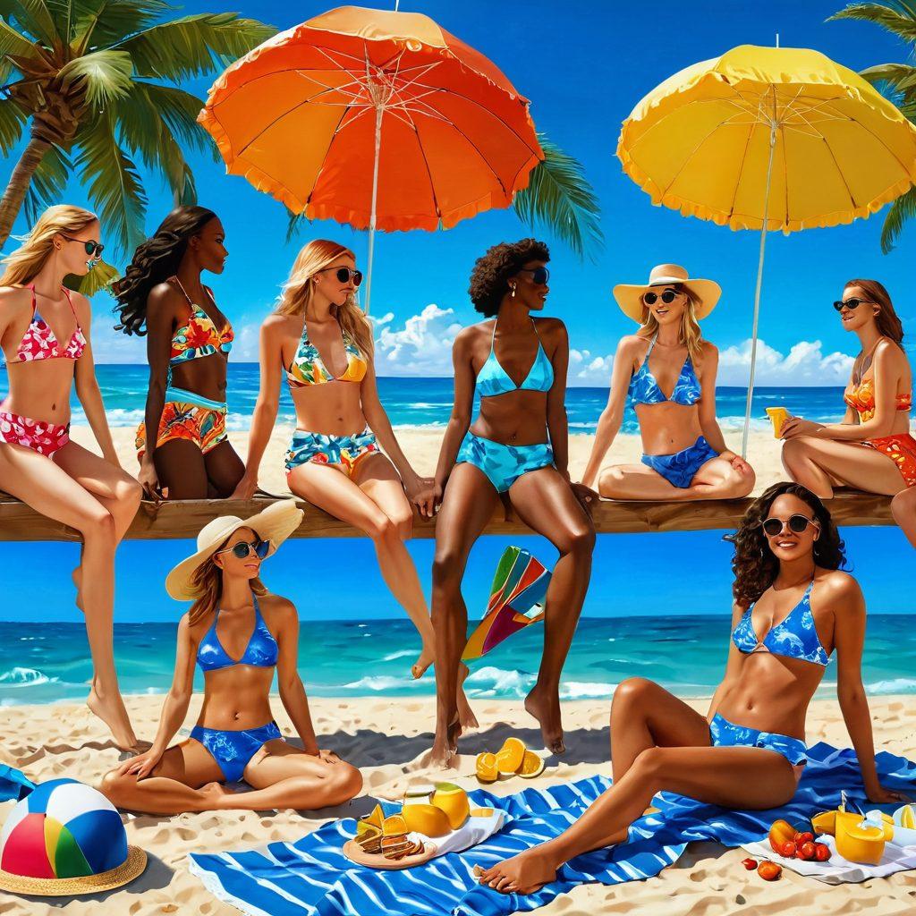 A vibrant beach scene showcasing diverse individuals in stylish beachwear, featuring swimsuits, cover-ups, and accessories suited for different summer occasions like lounging, playing beach volleyball, and enjoying a seaside picnic. Bright sun, clear blue skies, and colorful beach umbrellas set the mood, with hints of tropical flowers and waves in the background. super-realistic. vibrant colors. summer vibes.