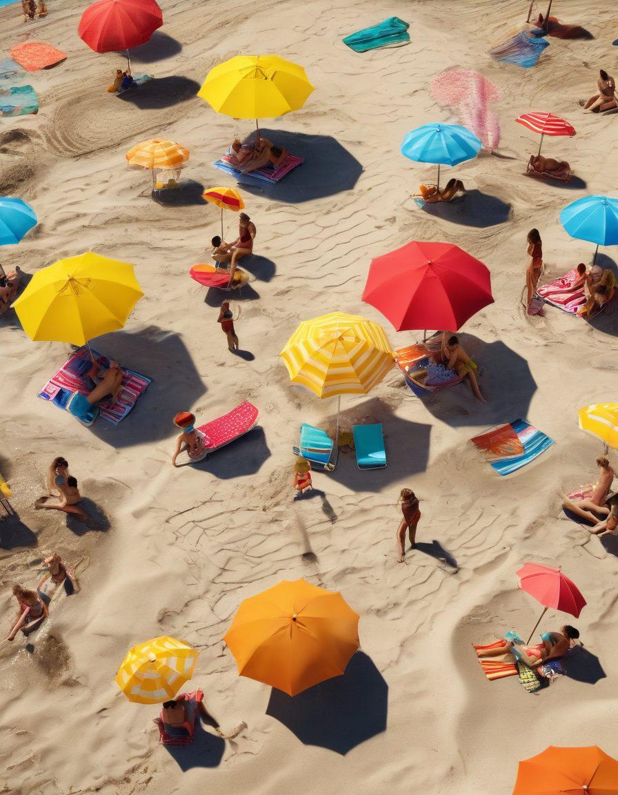 A vibrant beach scene featuring diverse models showcasing the latest beachwear and swimwear trends under a bright summer sun. Include colorful umbrellas, beach towels, and playful waves in the background. Emphasize a sense of joy and relaxation with sandcastles and children playing nearby. super-realistic. vibrant colors. 3D.